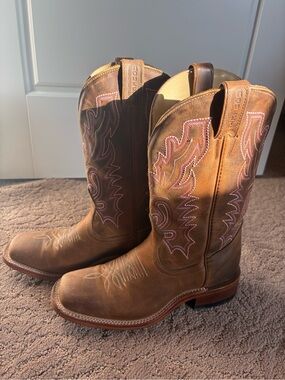 Boulet Western Leather Cowboy Boots - Brown with Pink Stitching